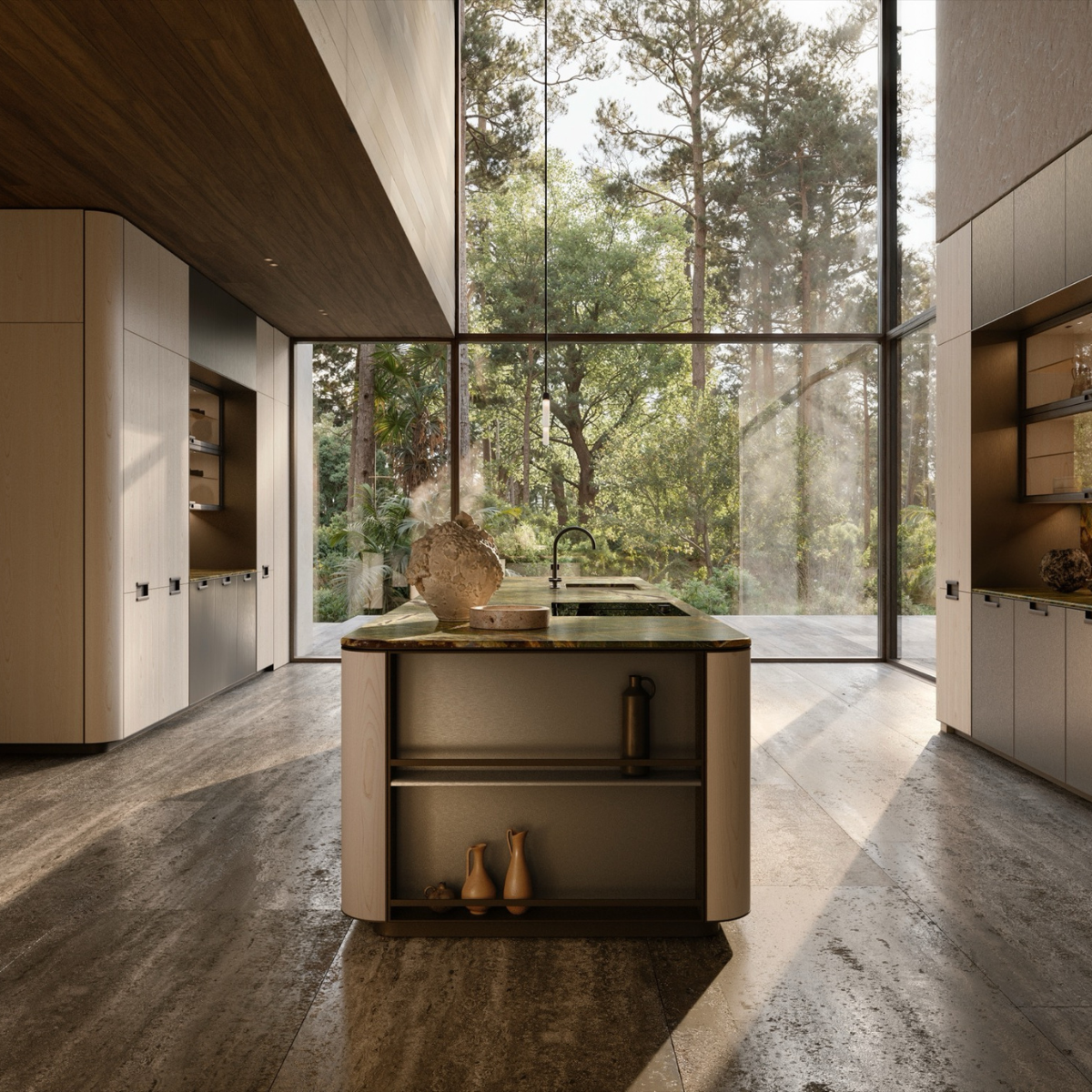 Molteni&C kitchen with a central island, warm cabinetry and full-height garden views, featured by Stanzo Italia.